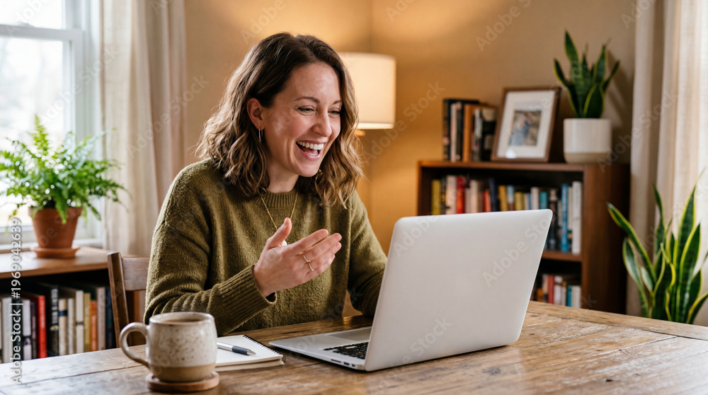 Fototapeta premium Woman having video call on laptop at home office desk