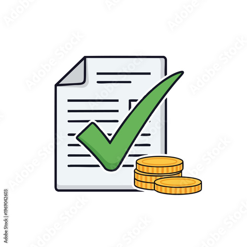 Document with checkmark and coins, signifying approval or successful transaction