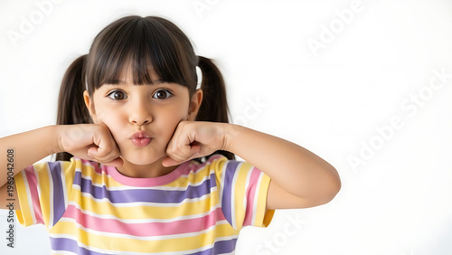 Charming portrait of an adorable young girl with pigtails making a playful pouting face, showcasing her innocence and fun-loving spirit against a clean white background
