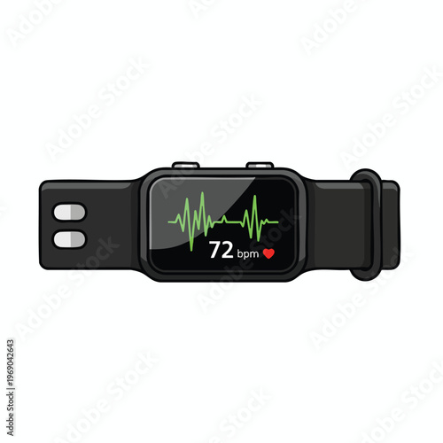 Black wrist-worn device displays a green electrocardiogram (ECG) waveform and "72 bpm