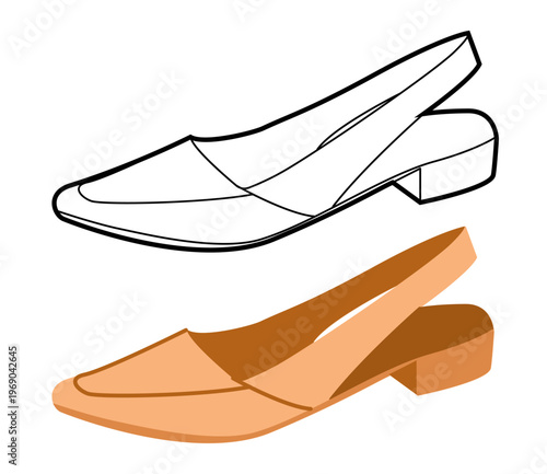 Beige slingback flat shoe women flat plus line set. Block heel pointed toe footwear for branding social media project. Technical fashion illustration CAD mockup mixed vector man unisex isolated style.