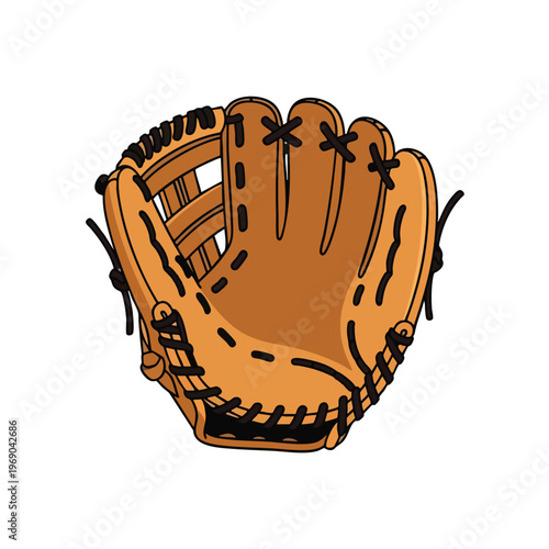 Brown leather baseball glove with black stitching and laces, presented in a cartoon style