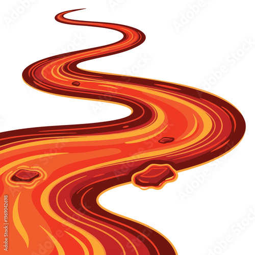 A winding river of molten lava flows and rocks float in the bright orange-red stream