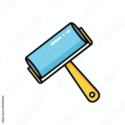 Simple icon of a lint roller with blue sticky surface and yellow handle
