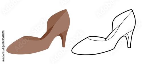 Brown kitten heel pump shoe women flat plus line set. Closed toe dress shoe for conference, travel look. Technical fashion illustration, CAD mockup, mixed vector men unisex isolated stylish style.