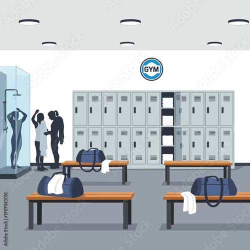 Locker room with showers, lockers, benches, and gym bags
