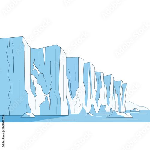A stark, minimalist depiction of a majestic blue ice cliff formation meeting calm waters