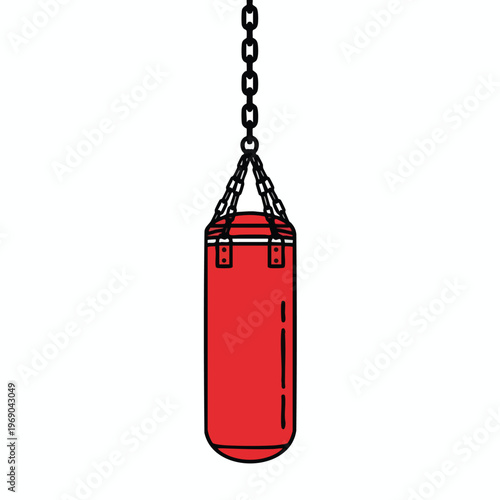 Red punching bag hanging from a metal chain, simple cartoon style