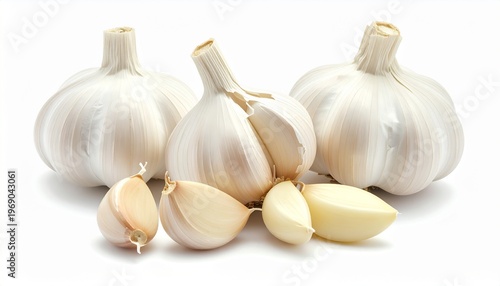 Fresh whole garlic bulbs and peeled cloves on a white background, ready for culinary use.