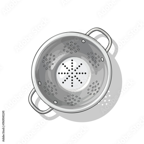 A top-down view of a metallic colander with handles and numerous perforations