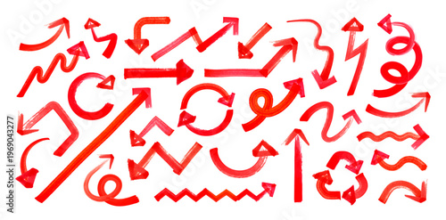 手書きマーカーペン矢印セット 赤ブラシストローク強調ラインベクター Hand Drawn Marker Arrow Set Red Brush Stroke Arrows