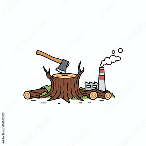 Axe in tree stump, logs, and factory with smoke, representing deforestation