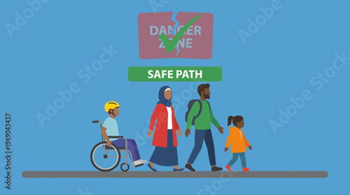 A group of diverse people walking safely on a path previously marked as a danger zone