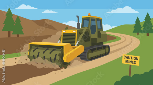 Flat vector of a mechanical demining flail vehicle clearing a rural dirt road