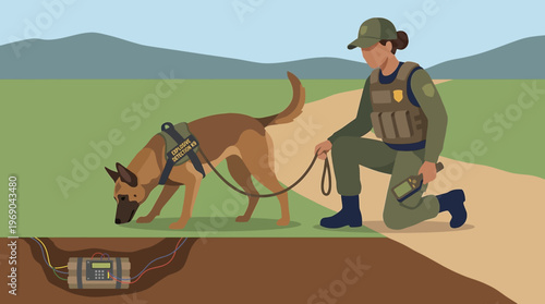 Illustration of a specially trained sniffer dog detecting underground explosives with its handler