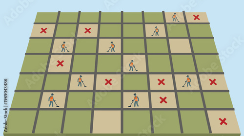 High-angle vector view of a grid-marked field for systematic mine clearance operations