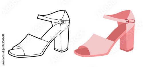 Pink block heel sandal women flat plus line set. Open toe ankle strap dress footwear for city walk wardrobe. Technical fashion illustration, CAD mockup, mixed vector men unisex isolated chic style.