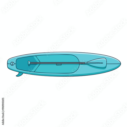 A blue stand-up paddleboard with a paddle resting on top