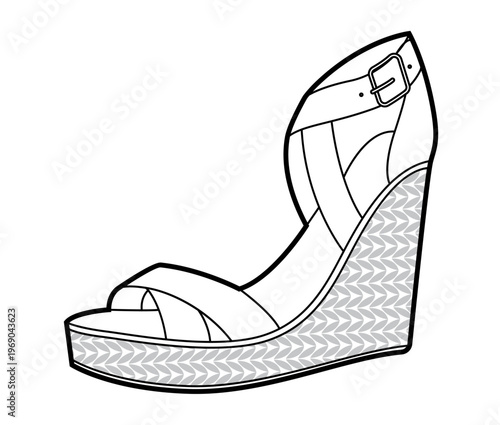 Cork wedge sandal shoe women single line. Cross strap wedge sandal for vacation dinner relaxed look. Technical fashion illustration CAD mockup clean vector man unisex isolated modern style.