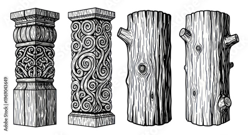 Ancient Stone Pillars and Rough Wood Logs, Hand-Drawn Engraving Style