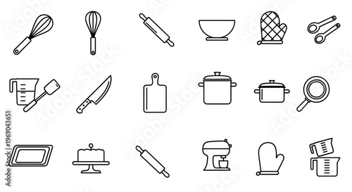 Baking Kitchen Utensils Collection - Line Art Icons Set
