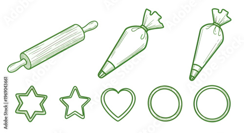 Baking Tools Set: Rolling Pin, Icing Bags, Cookie Cutters - Star, Heart, Circle