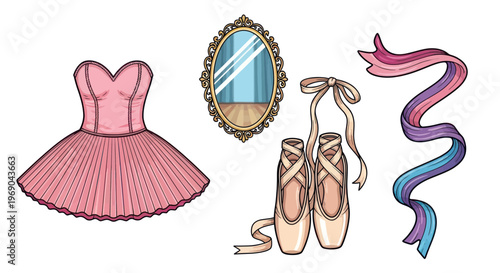 Ballet Dancer's Essentials: Pink Tutu, Pointe Shoes, Mirror, and Ribbons