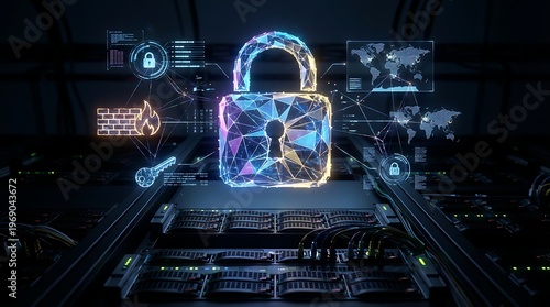 Futuristic digital padlock glowing above a server rack, symbolizing advanced cybersecurity, data protection, and network defense in a modern data center environment