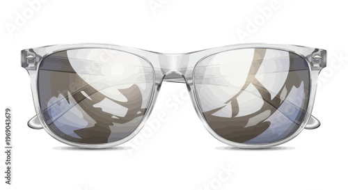 Clear frame sunglasses with mirrored lenses reflecting abstract shapes and lines