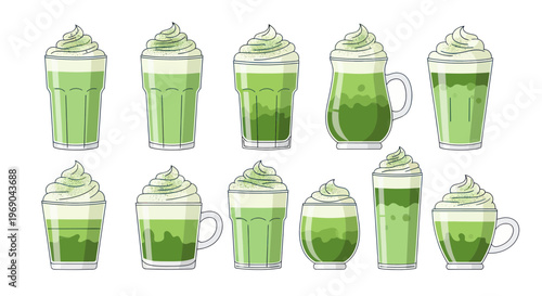 Collection of Green Matcha Drinks with Whipped Cream, Various Glassware