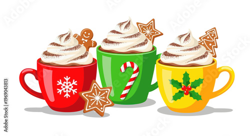 Festive Christmas Hot Chocolate Mugs with Whipped Cream and Gingerbread Cookies
