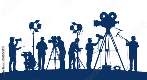 Filmmaking Crew Silhouettes with Cameras and Lights