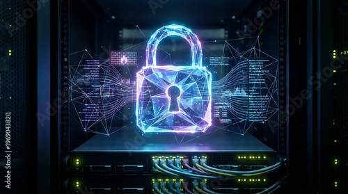 Digital Security Lock Protecting Data in Modern Server Room Environment with Advanced Cyber Technology and Network Infrastructure