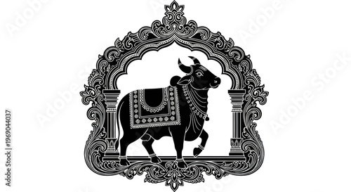 Sacred Cow Silhouette in Ornate Indian Archway, Traditional Culture Symbol