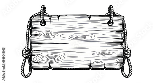 Rustic Wooden Signboard with Rope - Hand Drawn Illustration