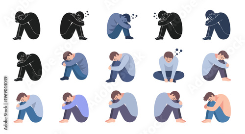 Sad Man Sitting Crouched, Feeling Depressed, Lonely, Isolated, Mental Health