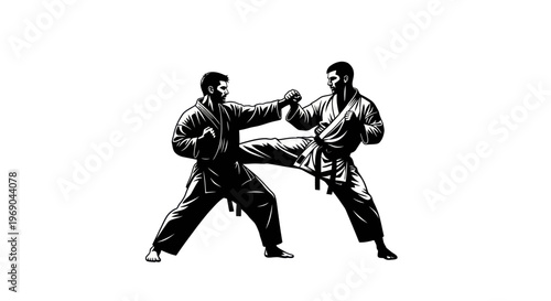 Two martial artists in silhouette practicing karate, dynamic action pose, combat sport.
