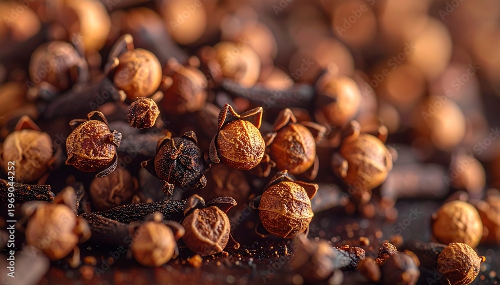 Obraz premium Extremely close-up view of golden dried seed heads or flower buds, showcasing intricate natural textures and warm, soft lighting.