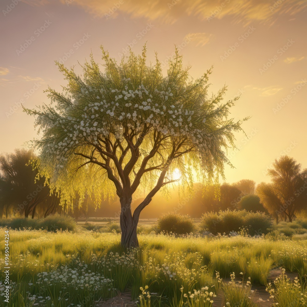 Obraz premium A beautiful willow tree with delicate white and yellow blooms, standing alone against a warm golden sunset backdrop , nature, flowers