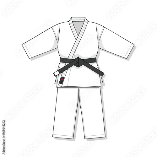 Flat-lay illustration of a white martial arts uniform with a black belt