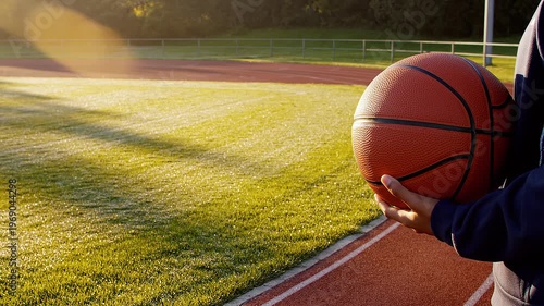 Basketball on Outdoor Court with Golden Hour Lighting Sports and Activity Concept