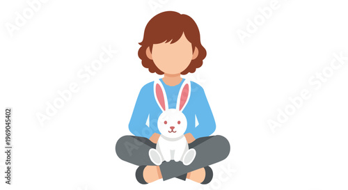 Faceless child holding a white rabbit on their lap. Simple vector illustration of friendship and care