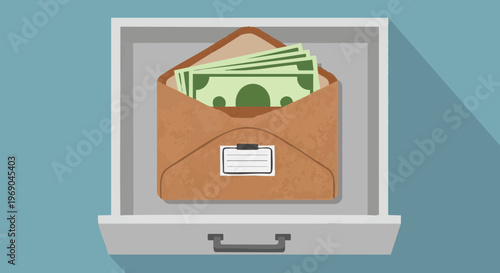 Illustration of a brown envelope full of cash hidden in an open drawer. Concept of savings or secret funds