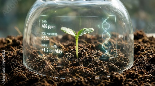 Biotechnology research on plant growth in a controlled environment with scientific data displayed
