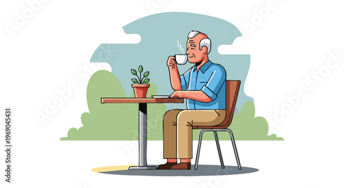 Happy senior man enjoying a coffee break outdoors at a cafe table
