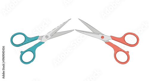 Vector illustration of two pairs of embroidery scissors, teal and coral color, isolated on a white background