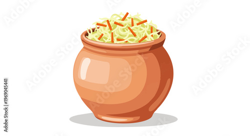 Sauerkraut with carrots in a traditional clay crock. Vector illustration of fermented cabbage