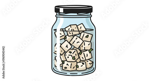 Vector illustration of cubed feta cheese with spices in a glass jar isolated on white