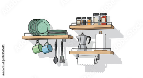 Camper kitchen shelves illustration with dishes, spices, and a coffee pot