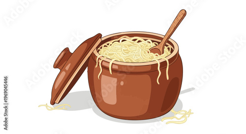 Homemade sauerkraut in a rustic ceramic crock with a wooden spoon